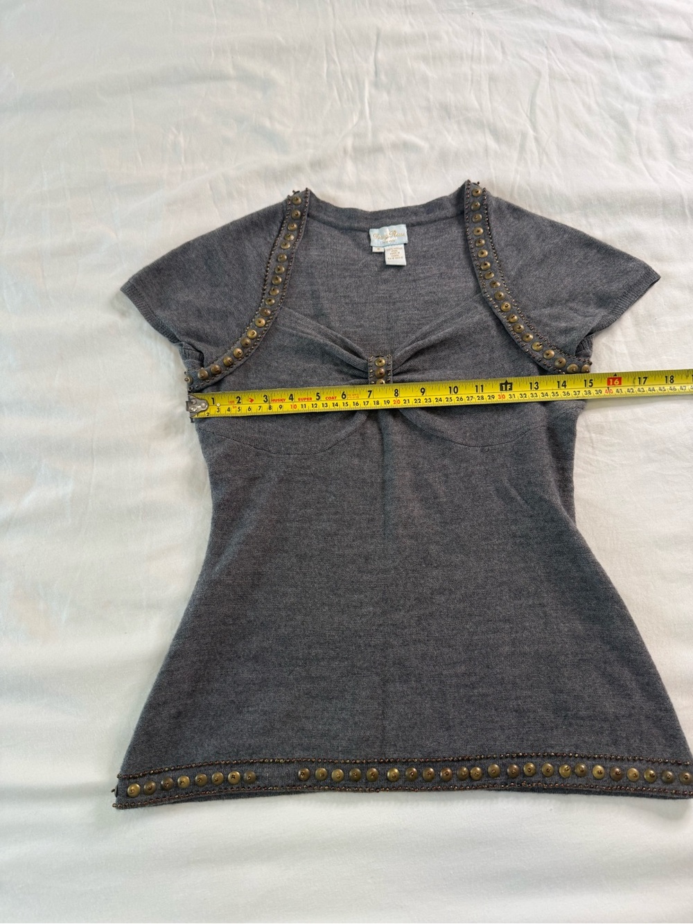 Taryn Rose 100% Merino Wool Studded Sweater Y2K Boho Glam Gray S - Picture 10 of 12